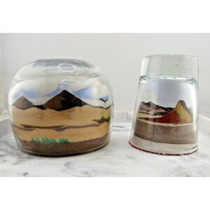 Vintage Southwest Painted Desert Sands Glass Paperweight. Layered Sand Art Scene